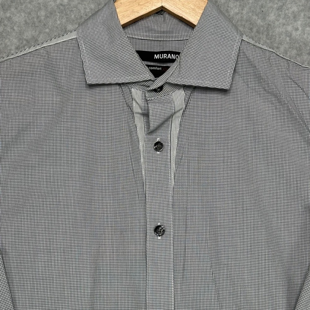 Murano Modern Comfort Fitted Shirt Mens Medium Black White Micro Check Stretch